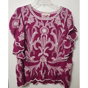 Solitaire Embroidered Ruffle Short Sleeve Top Purple Size Large Boho Bohemian